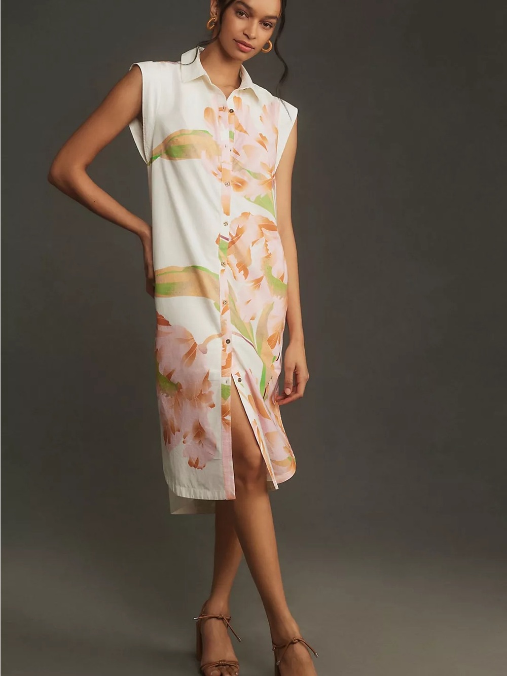Maeve Cap-Sleeve Floral Button-Front Midi Dress
